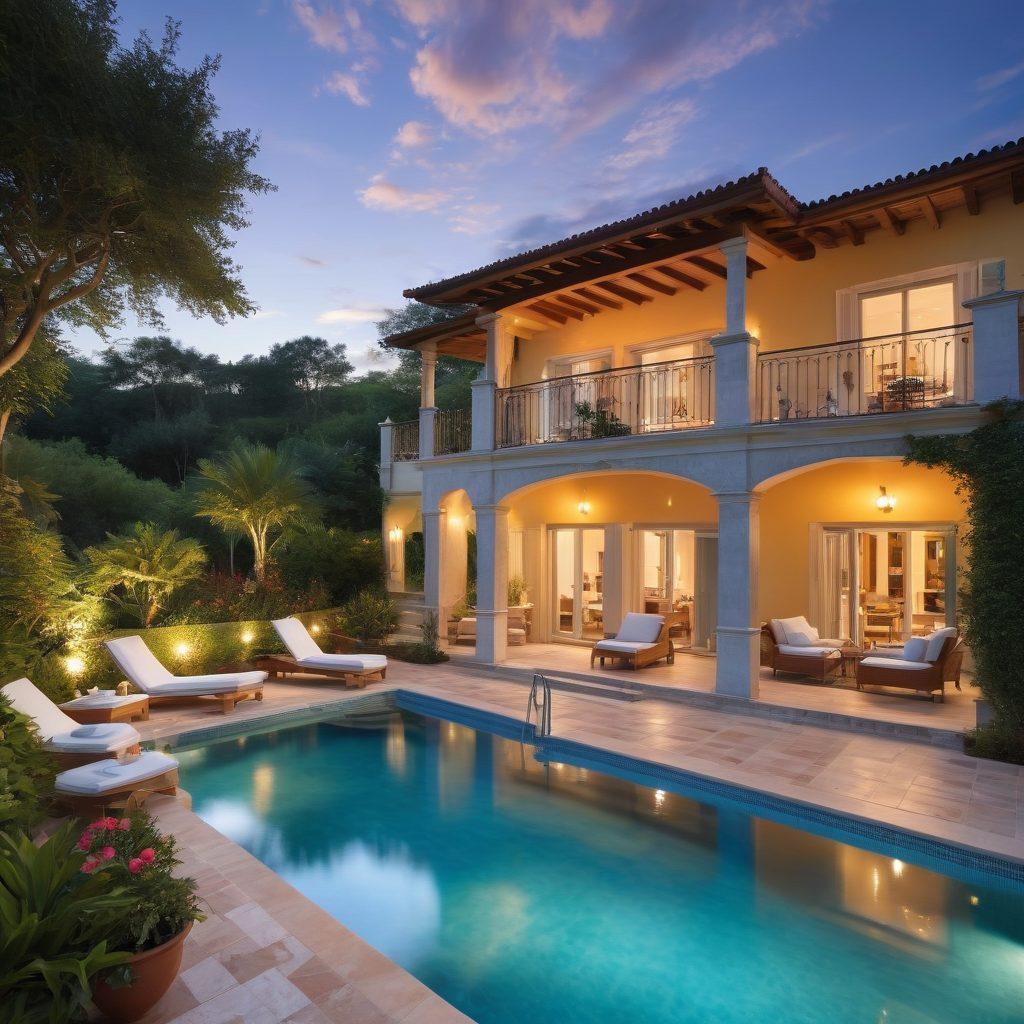 A picturesque view of Villa Del Sole with its luxurious yet inviting architecture, surrounded by lush greenery and vibrant flowers. Capture a happy family enjoying a sunny day by the pool, with playful children and parents relaxing on stylish loungers. Include details like a beautifully set dining table with gourmet food, and soft lighting that evokes an evening charm. The sky should be bright blue with fluffy white clouds for a perfect getaway ambiance. super-realistic. vibrant colors. soft lighting.