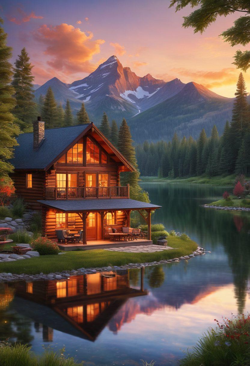 A serene family getaway scene featuring breathtaking mountain views, a cozy, elegantly designed cabin with warm lights glowing from the windows, lush greenery surrounding a sparkling lake, and a family enjoying a picnic in the foreground, capturing joy and togetherness. vibrant colors. super-realistic. sunset background.