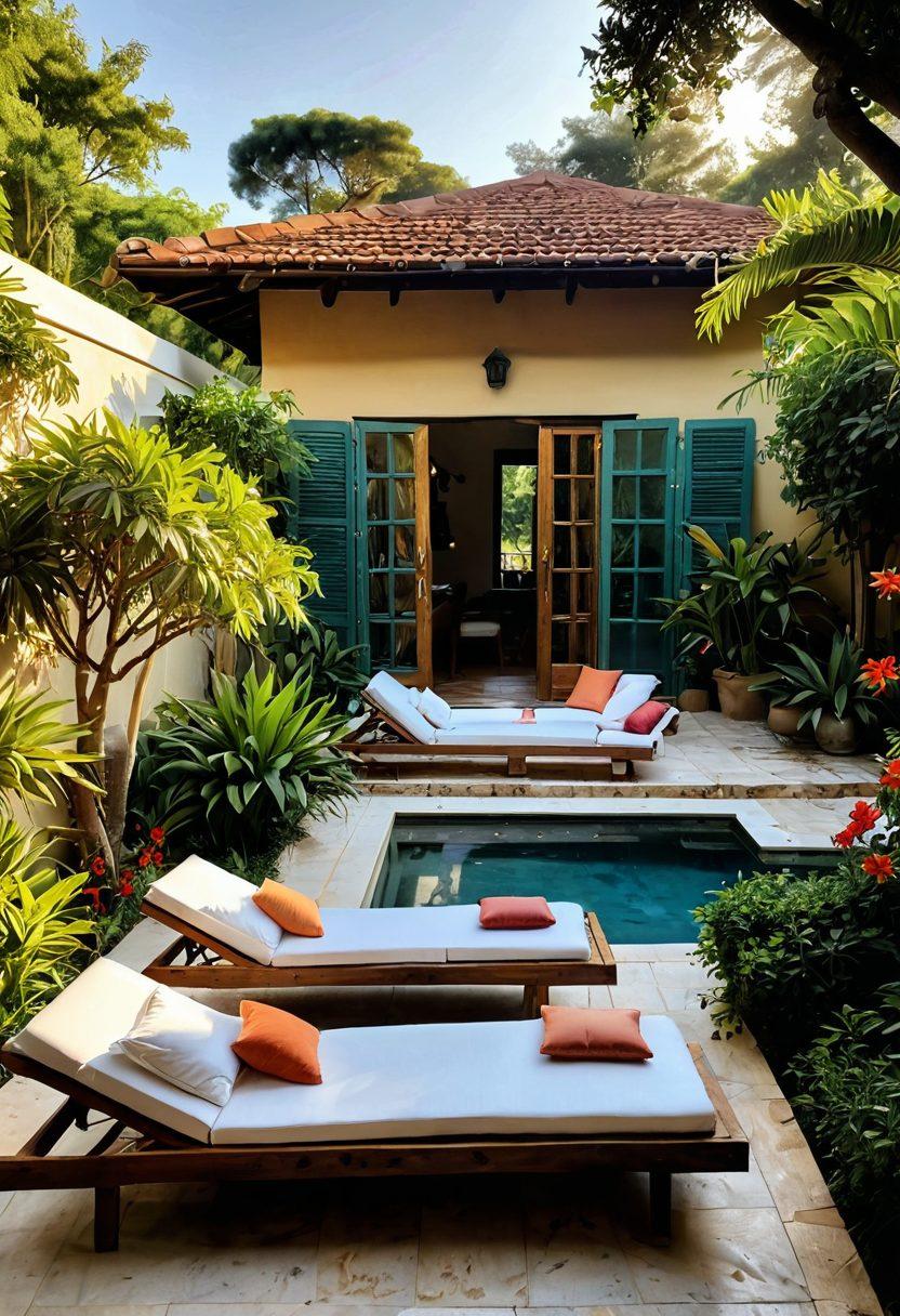 A serene villa setting surrounded by lush gardens, inviting sun loungers, and a cozy terrace with soft cushions. Incorporate hints of local culture, such as traditional art pieces and beautifully arranged local cuisine on a wooden table. Capture a warm, golden hour light that enhances the feeling of comfort and tranquility. Evoke a sense of exploration with subtle paths winding through the greenery. super-realistic. vibrant colors.